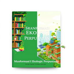 A book cover design titled 'Transformasi Ekologi Perpustakaan: Dampak Digitalisasi Terhadap Lingkungan dan Pembangunan Berkelanjutan'