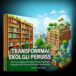 A book cover design titled 'Transformasi Ekologi Perpustakaan: Dampak Digitalisasi Terhadap Lingkungan dan Pembangunan Berkelanjutan'