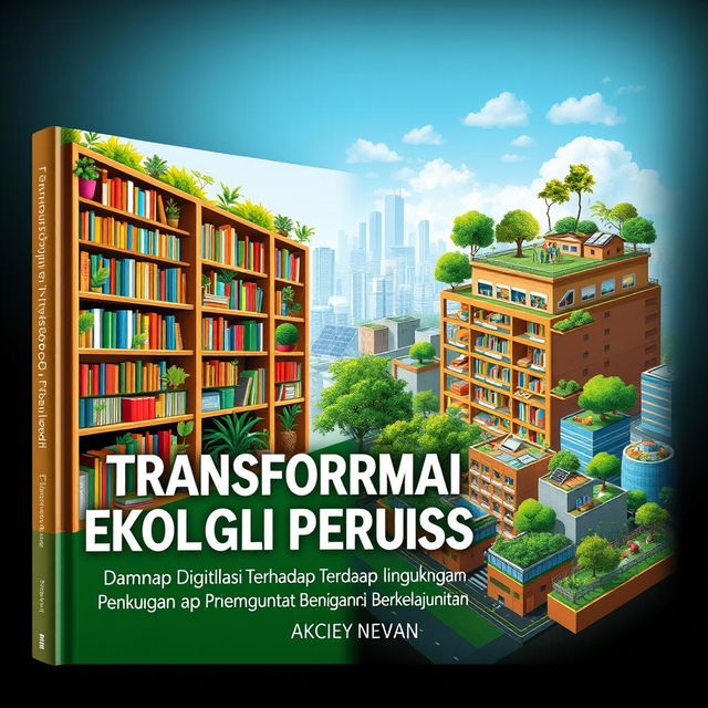 A book cover design titled 'Transformasi Ekologi Perpustakaan: Dampak Digitalisasi Terhadap Lingkungan dan Pembangunan Berkelanjutan'