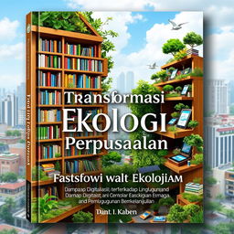 A book cover design titled 'Transformasi Ekologi Perpustakaan: Dampak Digitalisasi Terhadap Lingkungan dan Pembangunan Berkelanjutan'