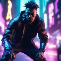 Create a hyper-realistic, 4K image of a very cool and handsome man in cyberpunk attire, engaged in an intense battle.