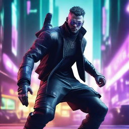 Create a hyper-realistic, 4K image of a very cool and handsome man in cyberpunk attire, engaged in an intense battle.