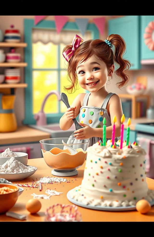 A whimsical birthday scene featuring a little girl in a cheerful, colorful kitchen