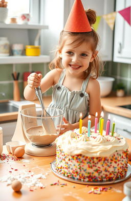 A whimsical birthday scene featuring a little girl in a cheerful, colorful kitchen