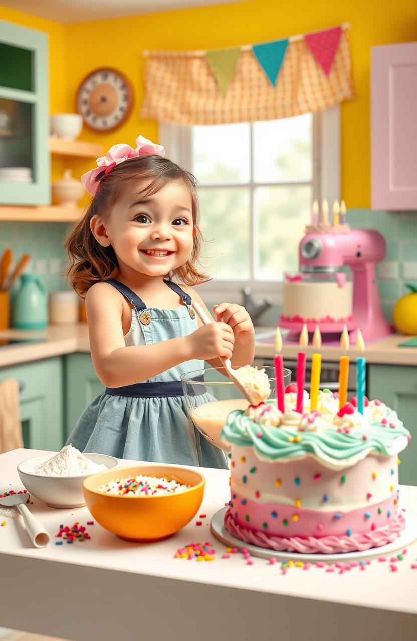 A whimsical birthday scene featuring a little girl in a cheerful, colorful kitchen