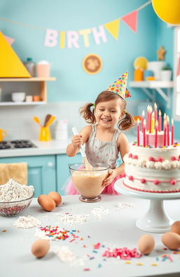 A whimsical birthday scene featuring a little girl in a cheerful, colorful kitchen