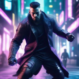 Create a hyper-realistic, 4K image of a very cool and handsome man in cyberpunk attire, engaged in an intense battle.