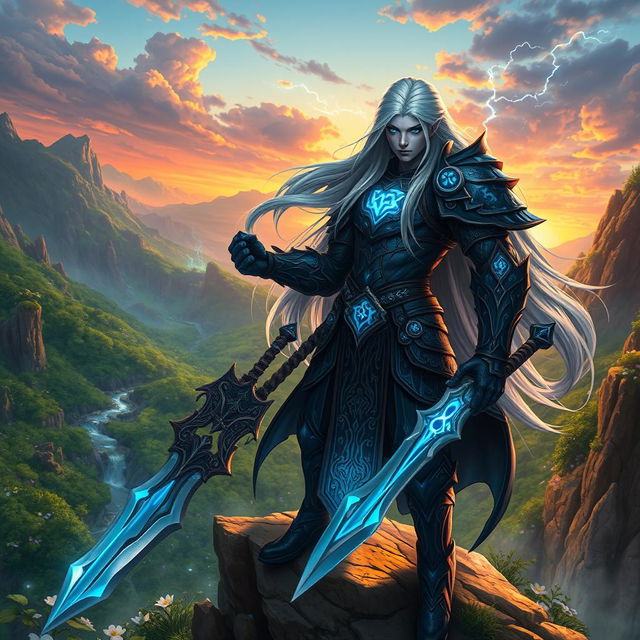 A powerful fantasy game character with long flowing silver hair, clad in intricate dark armor adorned with glowing blue runes