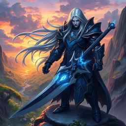 A powerful fantasy game character with long flowing silver hair, clad in intricate dark armor adorned with glowing blue runes