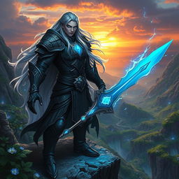 A powerful fantasy game character with long flowing silver hair, clad in intricate dark armor adorned with glowing blue runes