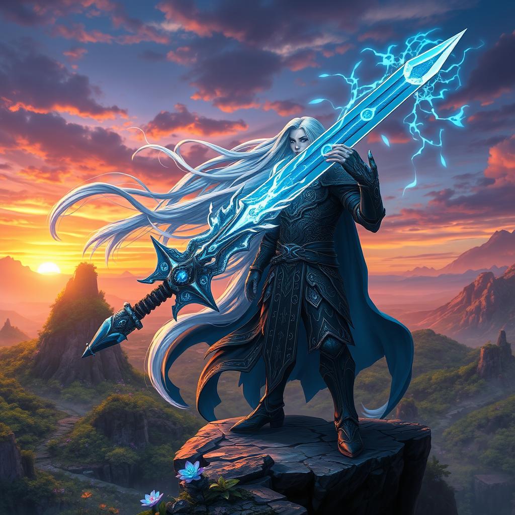 A powerful fantasy game character with long flowing silver hair, clad in intricate dark armor adorned with glowing blue runes