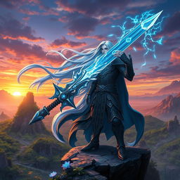 A powerful fantasy game character with long flowing silver hair, clad in intricate dark armor adorned with glowing blue runes