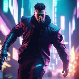 Create a hyper-realistic, 4K image of a very cool and handsome man in cyberpunk attire, engaged in an intense battle.