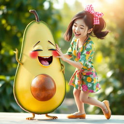 A whimsical and surreal scene featuring a realistic, anthropomorphized avocado with feminine characteristics, showcasing a playful expression and vibrant colors