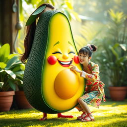 A whimsical and surreal scene featuring a realistic, anthropomorphized avocado with feminine characteristics, showcasing a playful expression and vibrant colors