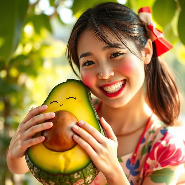 A whimsical and surreal scene featuring a realistic, anthropomorphized avocado with feminine characteristics, showcasing a playful expression and vibrant colors