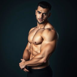 A strikingly muscular man with well-defined abs and an impressive physique, posing confidently in an artistic and tastefully suggestive manner