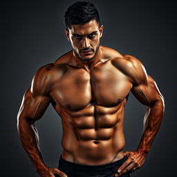 A strikingly muscular man with well-defined abs and an impressive physique, posing confidently in an artistic and tastefully suggestive manner