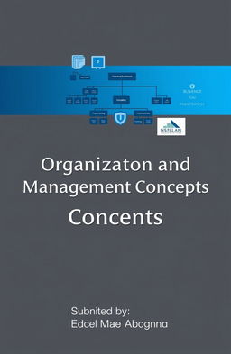 A sophisticated business presentation cover titled 'Organization and Management Concepts'