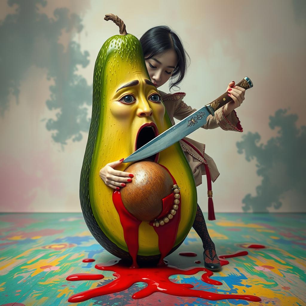 A surreal scene depicting a realistic, anthropomorphized avocado with feminine features, showing an expression of shock