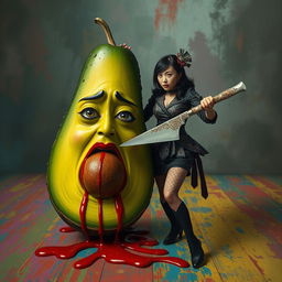 A surreal scene depicting a realistic, anthropomorphized avocado with feminine features, showing an expression of shock