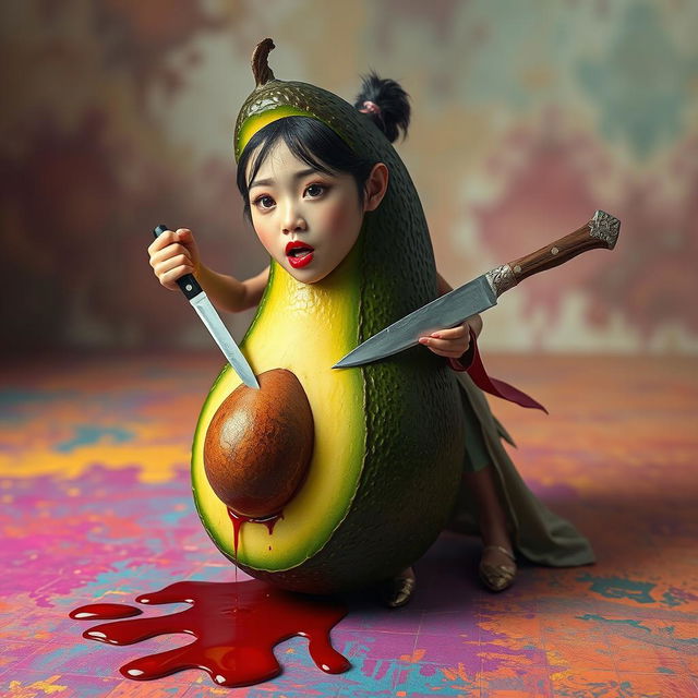 A surreal scene depicting a realistic, anthropomorphized avocado with feminine features, showing an expression of shock