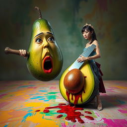 A surreal scene depicting a realistic, anthropomorphized avocado with feminine features, showing an expression of shock