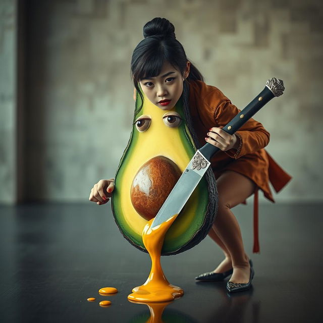 A surreal and dramatic composition featuring a realistic, anthropomorphized avocado with feminine traits, depicting a look of shock as it appears to be stabbed