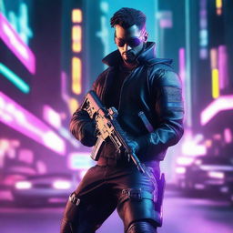 Generate a hyper-realistic, 4K image of a cool and handsome man in cyberpunk attire