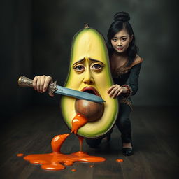 A surreal and dramatic composition featuring a realistic, anthropomorphized avocado with feminine traits, depicting a look of shock as it appears to be stabbed