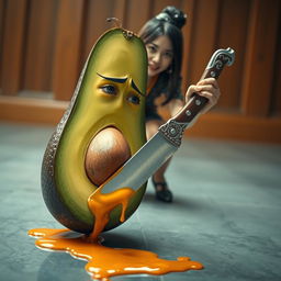 A surreal and dramatic composition featuring a realistic, anthropomorphized avocado with feminine traits, depicting a look of shock as it appears to be stabbed