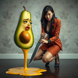A surreal and dramatic composition featuring a realistic, anthropomorphized avocado with feminine traits, depicting a look of shock as it appears to be stabbed