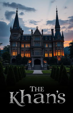A majestic castle set in a serene landscape, featuring lush gardens and dramatic, mystical lighting