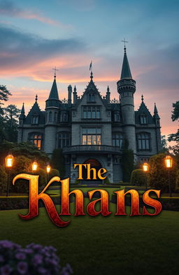 A majestic castle set in a serene landscape, featuring lush gardens and dramatic, mystical lighting