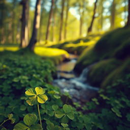 A vibrant clover field with a lush green landscape, featuring a prominent four-leaf clover in the foreground