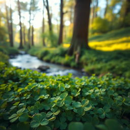 A vibrant clover field with a lush green landscape, featuring a prominent four-leaf clover in the foreground