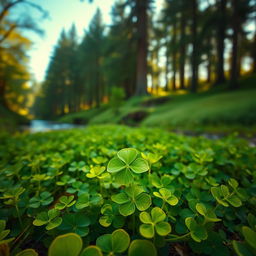 A vibrant clover field with a lush green landscape, featuring a prominent four-leaf clover in the foreground