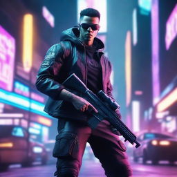 Generate a hyper-realistic, 4K image of a cool and handsome man in cyberpunk attire