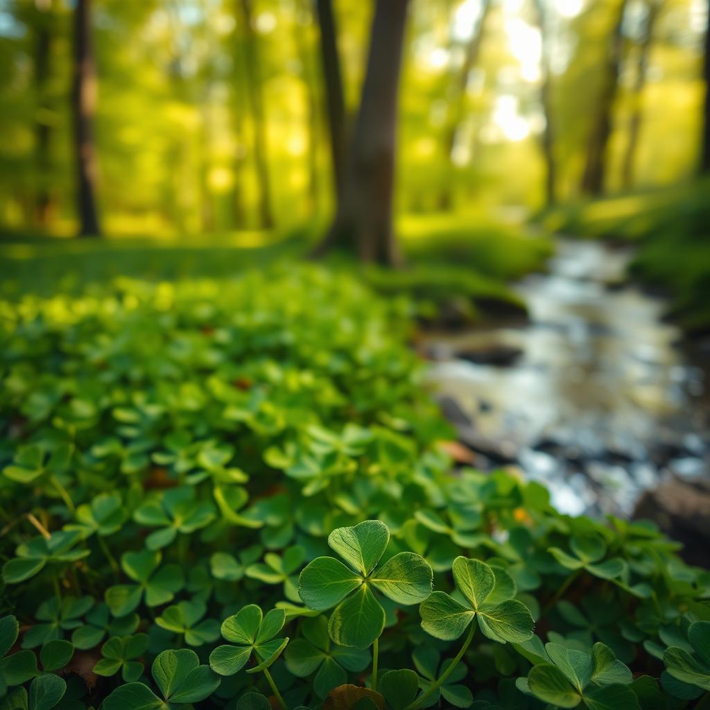 A vibrant clover field with a lush green landscape, featuring a prominent four-leaf clover in the foreground