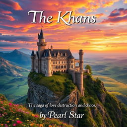 A stunning castle perched on a cliff, overlooking a breathtaking landscape of rolling hills and a vibrant sunset sky