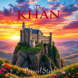A stunning castle perched on a cliff, overlooking a breathtaking landscape of rolling hills and a vibrant sunset sky