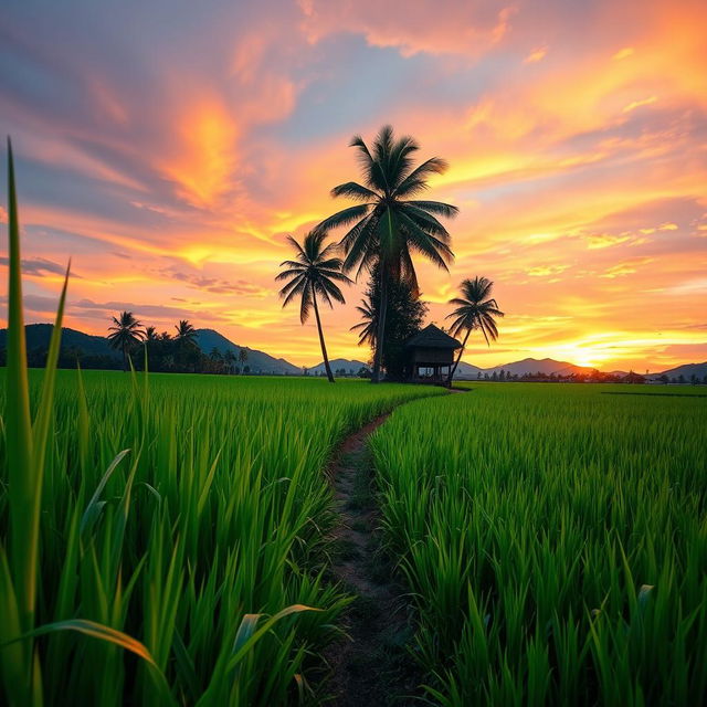 A serene Paddy Field at sunset, with lush green rice plants swaying gently in the wind