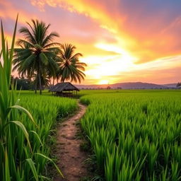 A serene Paddy Field at sunset, with lush green rice plants swaying gently in the wind