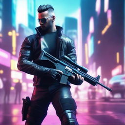 Generate a hyper-realistic, 4K image of a cool and handsome man in cyberpunk attire