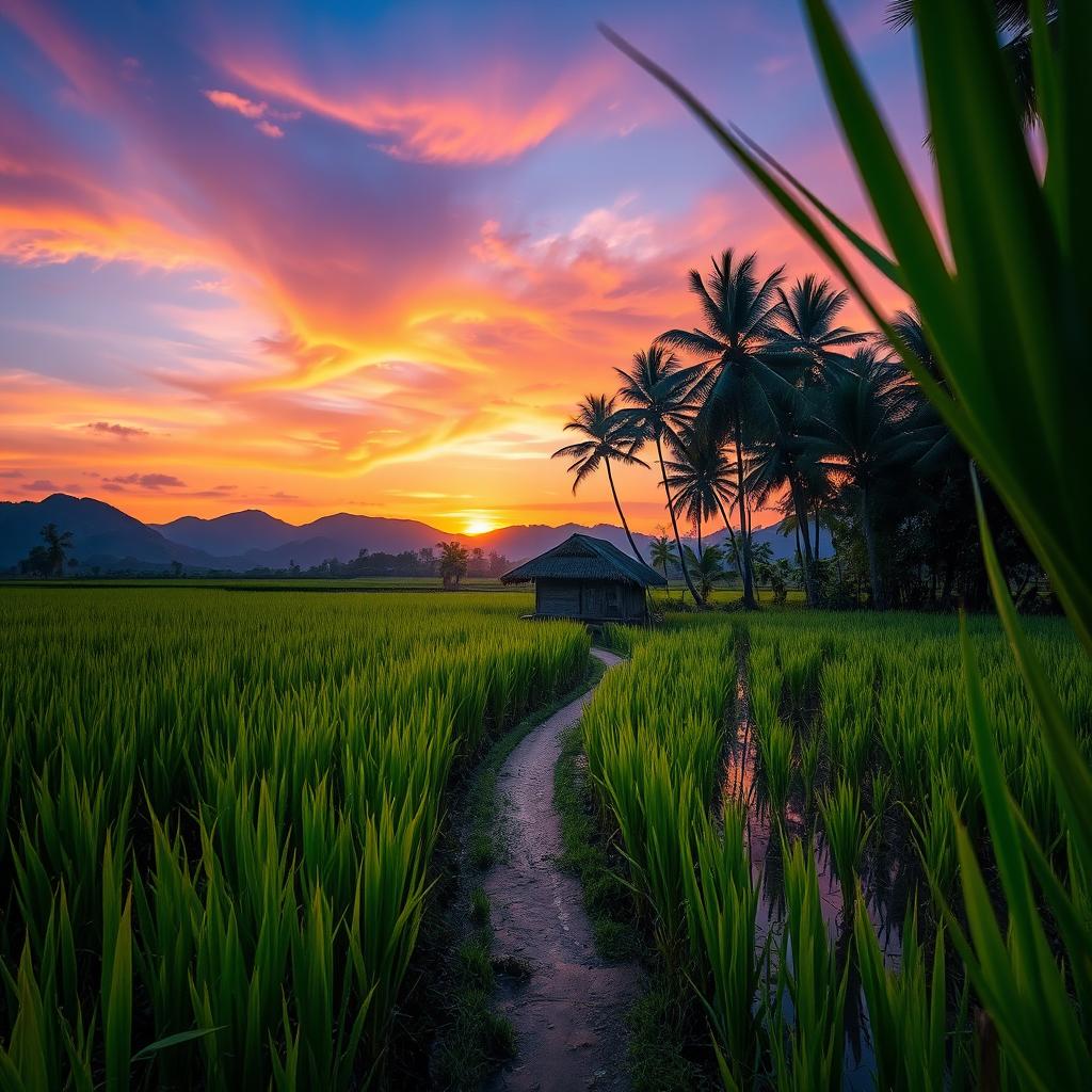 A serene Paddy Field at sunset, with lush green rice plants swaying gently in the wind