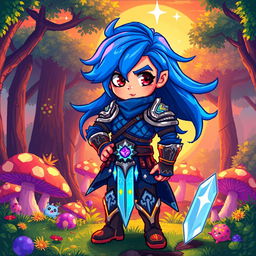 A vibrant and colorful pixel art depiction of a fantasy game character, featuring an adventurous warrior