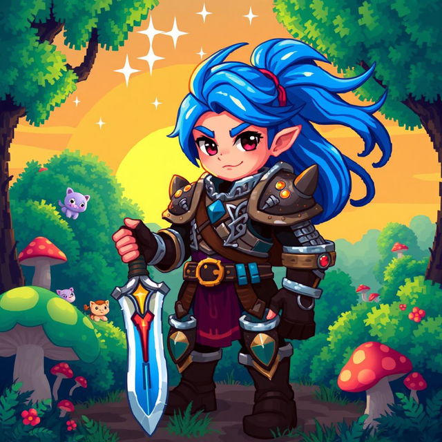 A vibrant and colorful pixel art depiction of a fantasy game character, featuring an adventurous warrior