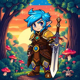 A vibrant and colorful pixel art depiction of a fantasy game character, featuring an adventurous warrior