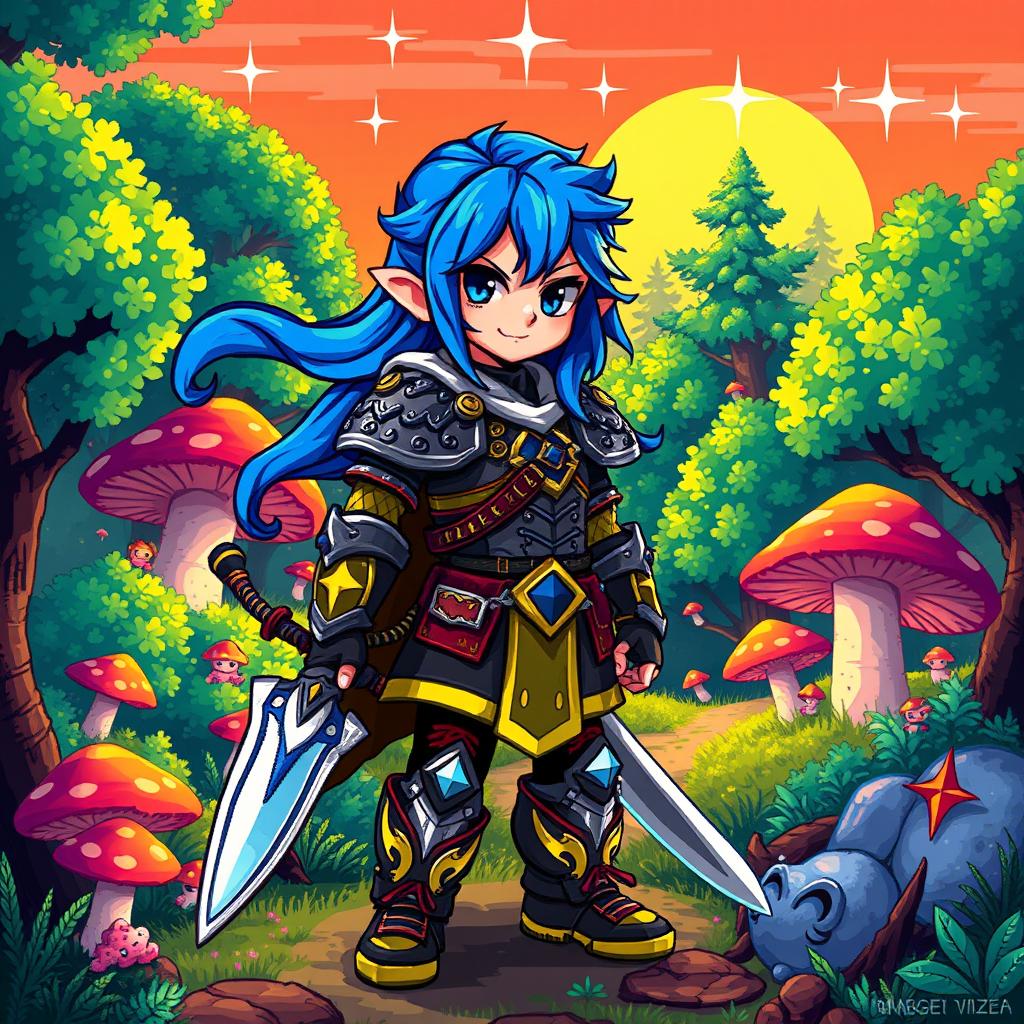 A vibrant and colorful pixel art depiction of a fantasy game character, featuring an adventurous warrior