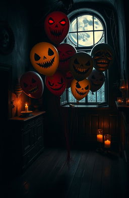 A dark and eerie scene featuring spooky balloons, floating in a dimly lit haunted room